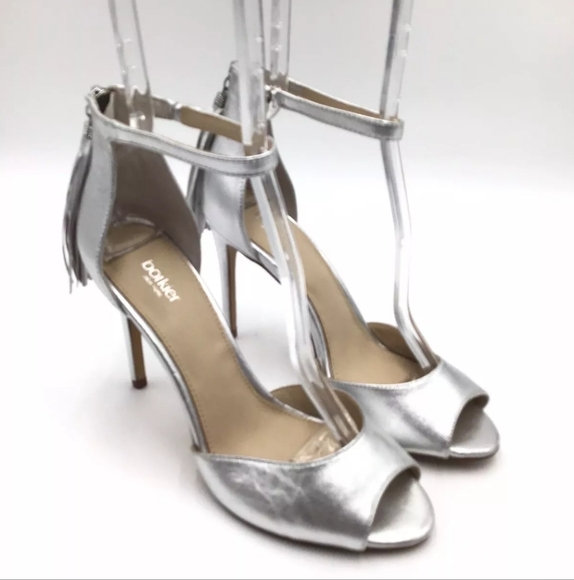 Botkier Anna Size 8 Silver Heeled Sandals Leather Open Toe Tassel - Picture 1 of 13